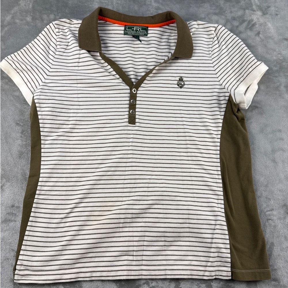 Lauren Active Polo Shirt Womens XL Striped White Olive Snap Crest EUC